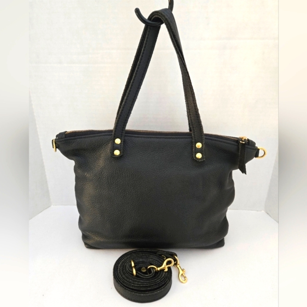 Umbrella Collective Blk Pebbled Leather Tote/Crssbdy Bag EUC 10"x9"x3" Strap 49"